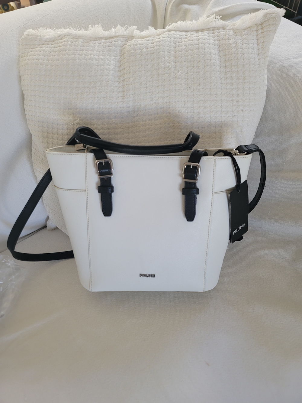 Prüne White & Black Leather Tote Bag